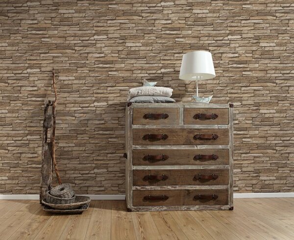 Vliesové tapety na zeď Wood´n Stone 95833-2, kámen štípaný středně hnědý, rozměr 10,05 m x 0,53 m, A.S.Création