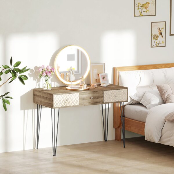 HOMCOM Bohémský psací stůl s 3 zásuvkami a nožkami v designu hairpin pro kancelář, ložnici nebo toaletní stolek 105x50x75 cm dřevo | Aosom