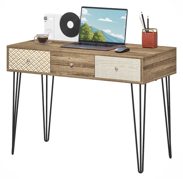 HOMCOM Bohémský psací stůl s 3 zásuvkami a nožkami v designu hairpin pro kancelář, ložnici nebo toaletní stolek 105x50x75 cm dřevo | Aosom