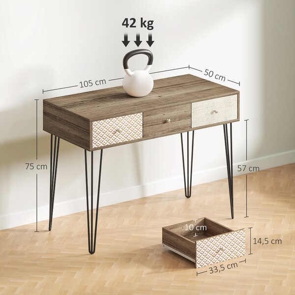 HOMCOM Bohémský psací stůl s 3 zásuvkami a nožkami v designu hairpin pro kancelář, ložnici nebo toaletní stolek 105x50x75 cm dřevo | Aosom