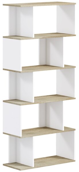 HOMCOM Knihovna v Nordic Stylu s 5 Anti-Tip Policemi, Nosnost 25 kg pro Kancelář a Obývací Pokoj, 70x29,5x163 cm, Dub a Bílá | Aosom