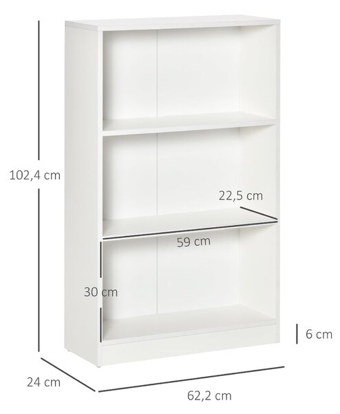 HOMCOM Knihařství s 3 úložnými prostory pro knihy, CD a rostliny do obývacího pokoje, pracovny nebo ložnice 62,2x24x102,4 cm Bílá | Aosom