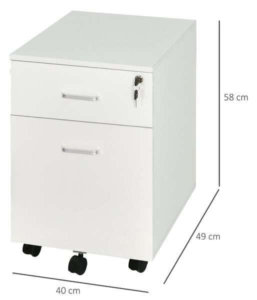 Vinsetto kancelářská zásuvka na kolečkách s uzamykatelným kancelářským kontejnerem s 2 zásuvkami na dokumenty velikosti A4 40x49x58 cm Bílá | Aosom