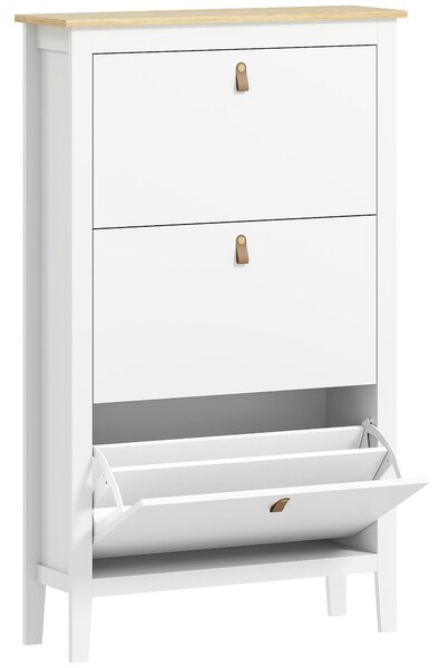 HOMCOM Úzká skříň na boty s botníkem do předsíně, 3 skládací zásuvky, nastavitelné police a PU úchyty pro 21 párů bot, 80x24x131 cm, Bílá | Aosom