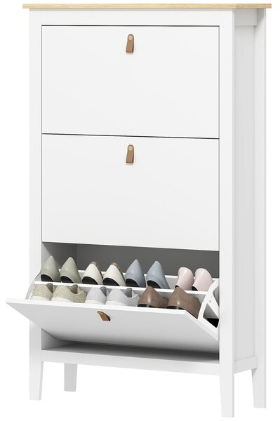 HOMCOM Úzká skříň na boty s botníkem do předsíně, 3 skládací zásuvky, nastavitelné police a PU úchyty pro 21 párů bot, 80x24x131 cm, Bílá | Aosom
