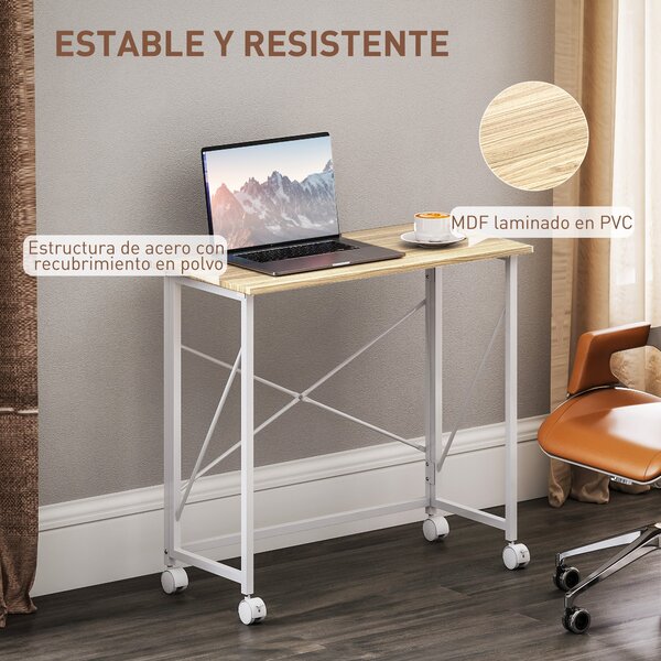 HOMCOM Skládací stůl na kolečkách Kompaktní počítačový stůl, Stolek na laptop pro domácí kancelář do malých prostor 80x40x75 cm Přirozený | Aosom