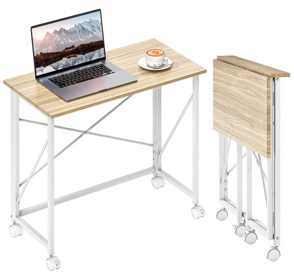 HOMCOM Skládací stůl na kolečkách Kompaktní počítačový stůl, Stolek na laptop pro domácí kancelář do malých prostor 80x40x75 cm Přirozený | Aosom
