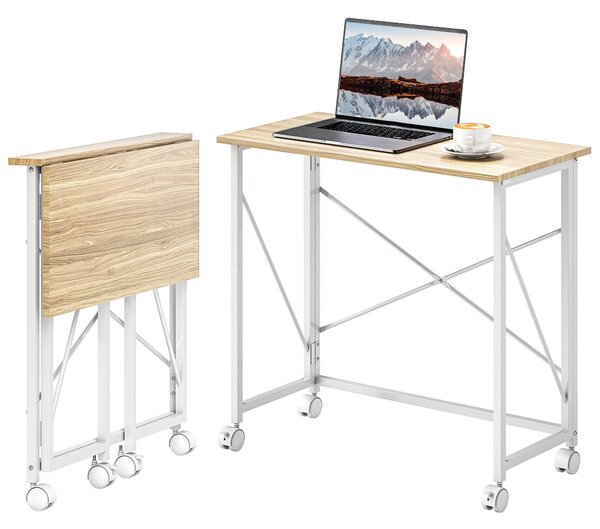 HOMCOM Skládací stůl na kolečkách Kompaktní počítačový stůl, Stolek na laptop pro domácí kancelář do malých prostor 80x40x75 cm Přirozený | Aosom