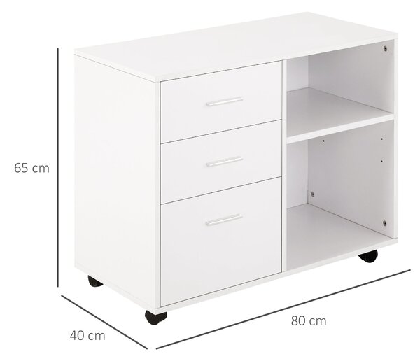HOMCOM Stojan na tiskárnu s 3 zásuvkami, nastavitelné police na kolečkách, velká úložná kapacita 80x40x65 cm Bílá | Aosom