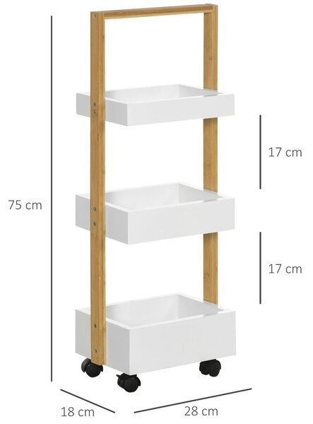 HOMCOM Bambusový úložný vozík s kolečky do kuchyně s 3 koši a madlem pro obývací pokoj a koupelnu 28x18x75 cm Bílý a přírodní | Aosom