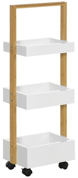 HOMCOM Bambusový úložný vozík s kolečky do kuchyně s 3 koši a madlem pro obývací pokoj a koupelnu 28x18x75 cm Bílý a přírodní | Aosom