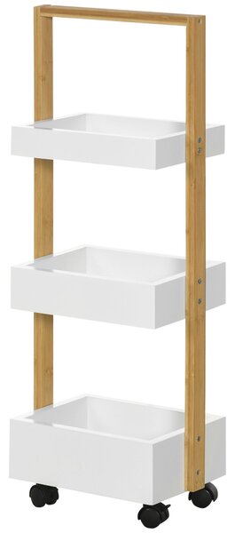 HOMCOM Bambusový úložný vozík s kolečky do kuchyně s 3 koši a madlem pro obývací pokoj a koupelnu 28x18x75 cm Bílý a přírodní | Aosom