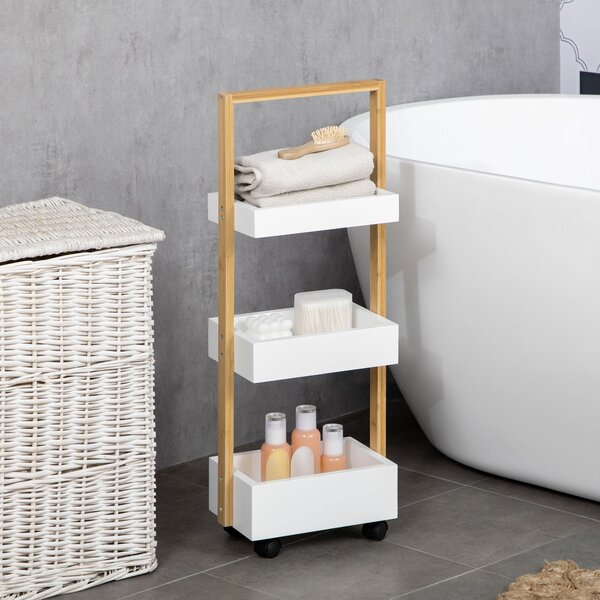 HOMCOM Bambusový úložný vozík s kolečky do kuchyně s 3 koši a madlem pro obývací pokoj a koupelnu 28x18x75 cm Bílý a přírodní | Aosom