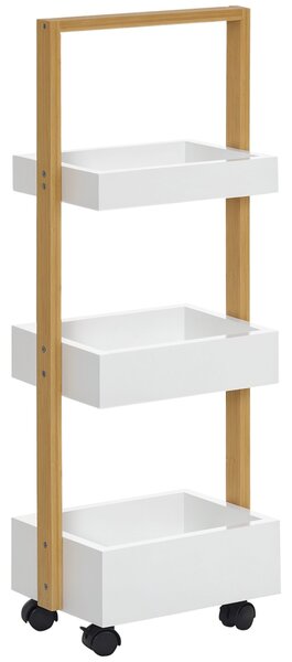 HOMCOM Bambusový úložný vozík s kolečky do kuchyně s 3 koši a madlem pro obývací pokoj a koupelnu 28x18x75 cm Bílý a přírodní | Aosom