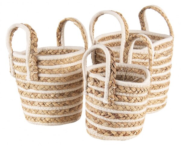 Sada 3 hnědo bílých pletených košů s uchy – ( set 3 ) 21x20 / 19x19 / 16x15 cm