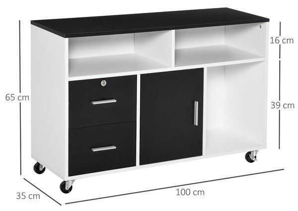 HOMCOM Kancelářský Pomocný Nábytek Souborný Skříň s Kolečky, Policemi a Šuplíky - víceúčelová Úložná Skříň 100x35x65 cm Černá a Bílá | Aosom