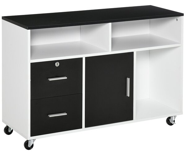 HOMCOM Kancelářský Pomocný Nábytek Souborný Skříň s Kolečky, Policemi a Šuplíky - víceúčelová Úložná Skříň 100x35x65 cm Černá a Bílá | Aosom