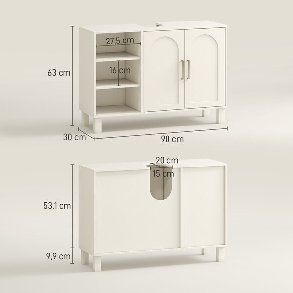 HOMCOM Podskříňková koupelnová skříňka, moderní koupelnová skříňka s 2 dvířky a nastavitelnými policemi 90x30x63 cm Krémová | Aosom