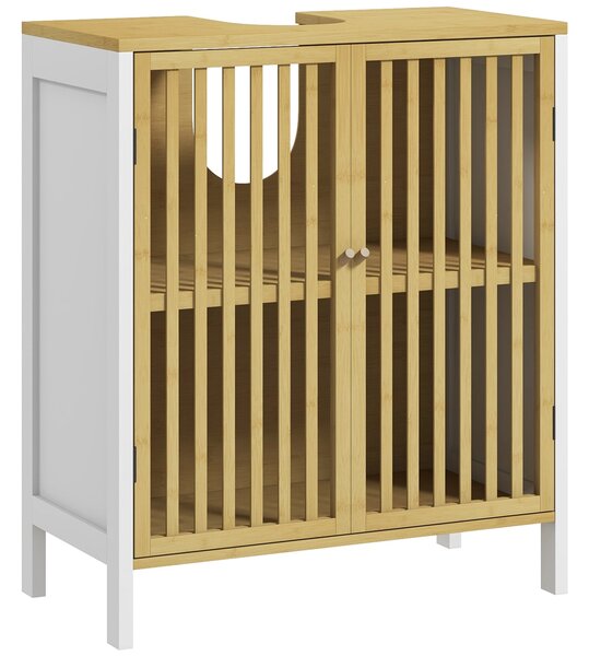 HOMCOM Koupelnová skříňka pod umyvadlo s dvojitými dveřmi a nastavitelnou policí, nosnost 30 kg, 60x30x70 cm, přírodní a bílá | Aosom