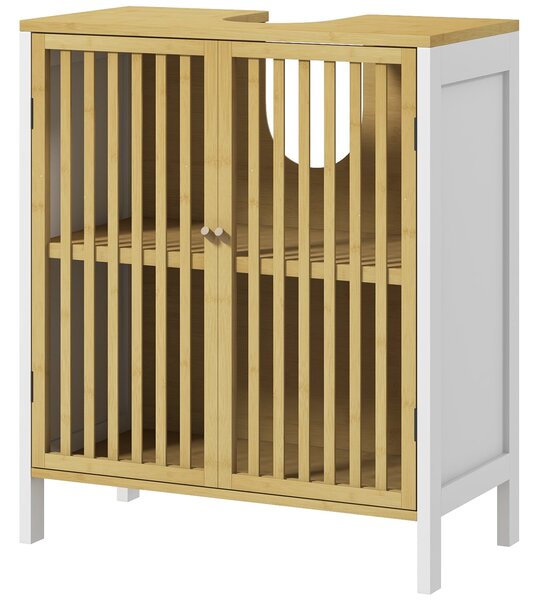 HOMCOM Koupelnová skříňka pod umyvadlo s dvojitými dveřmi a nastavitelnou policí, nosnost 30 kg, 60x30x70 cm, přírodní a bílá | Aosom