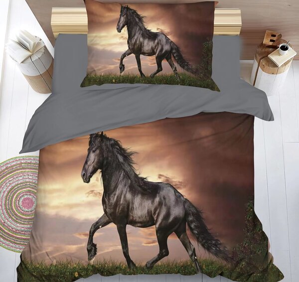 2dílné 3D povlečení 140×200 + 70×90 – Černý kůň v západu slunce