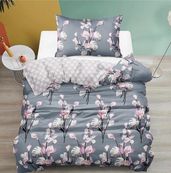 2dílné povlečení 140×200 + 70×90 – Šedé s růžovými květy