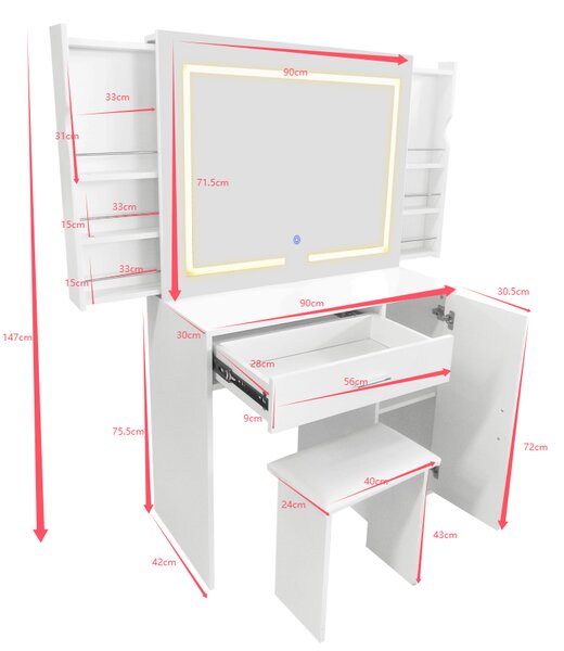Aga Toaletní stolek se zrcadlem a LED osvětlením + taburet Matný bílý