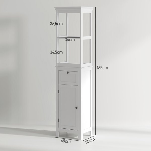HOMCOM Koupelnová sloupová skříňka s šuplíkem, nastavitelnou policí a 2 přihrádkami, moderní koupelnová skříňka 40x30x165 cm bílá | Aosom