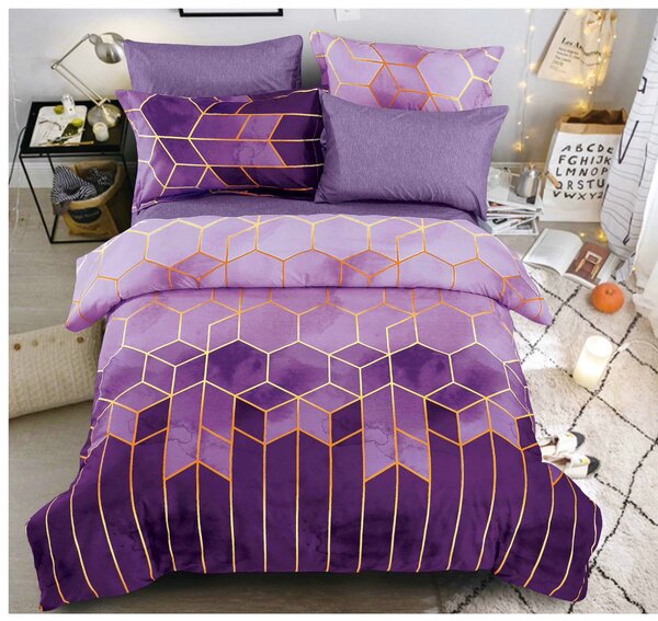 Bavlněné oboustranné povlečení 140×200 + 70×90 – MARINA VIOLET fialový geometrický vzor, knoflíčkové zapínání
