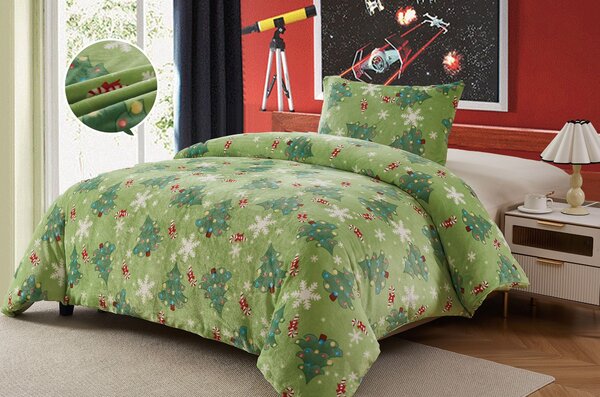 Mikroplyšové povlečení CHRISTMAS TREE VELVET zelené 140×200/70×90 cm