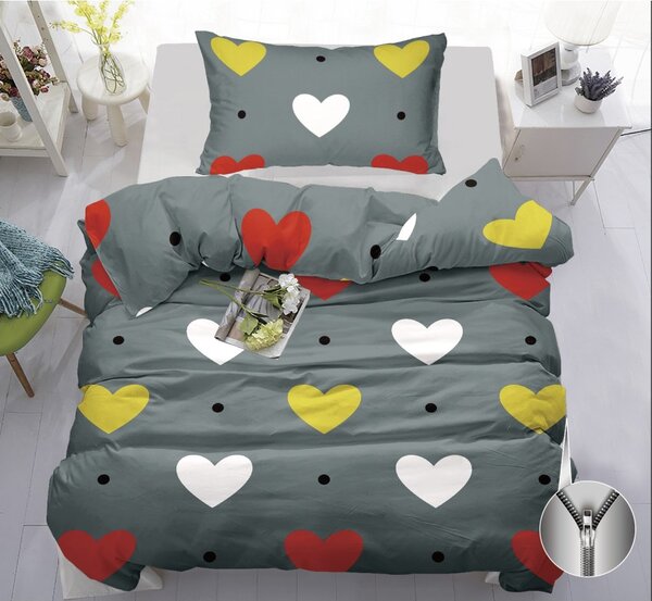 Oboustranné bavlněné povlečení 140×200 + 70×90 – COLOR HEARTS GREY