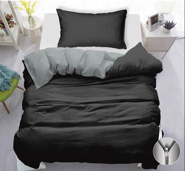 Bavlněné oboustranné povlečení 140×200/70×90 – Fialové & černé, zip | Moderní dvoubarevný design