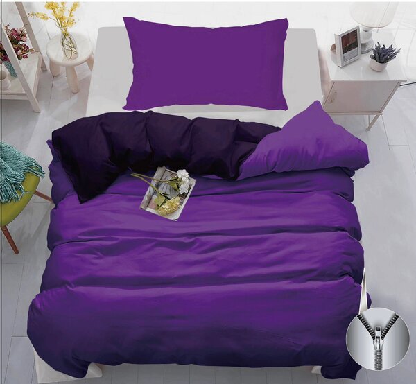 Bavlněné oboustranné povlečení 140×200/70×90 – Fialové & černé, zip | Moderní dvoubarevný design