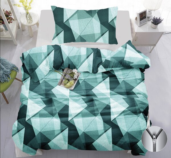 Moderní oboustranné povlečení 140×200/70×90 – Geometrický vzor zeleno-šedý | Zip | Minimalistický styl