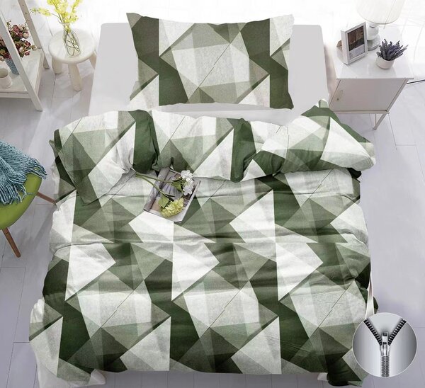 Moderní oboustranné povlečení 140×200/70×90 – Geometrický vzor zeleno-šedý | Zip | Minimalistický styl