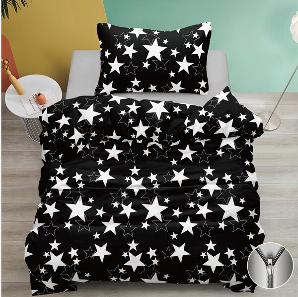 Oboustranné povlečení 140×200/70×90 – Černé s bílými hvězdami | Zip | Moderní trendy styl