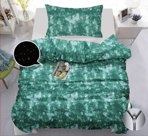 Povlečení 2dílné 140×200 + 70×90 – 80% bavlna, svítící hvězdy, zelená galaxie, se zipem