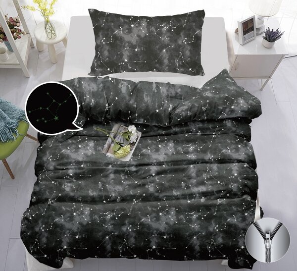 Povlečení 2dílné 140×200 + 70×90 –svítící hvězdy, šedá galaxie, se zipem