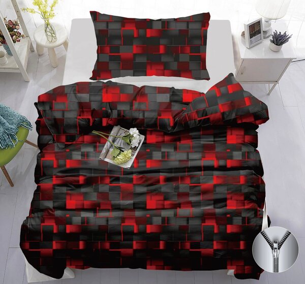 Povlečení 2dílné 140×200 + 70×90 – 80% bavlna / 20% polyester, 3D červeno-černé kostky, se zipem