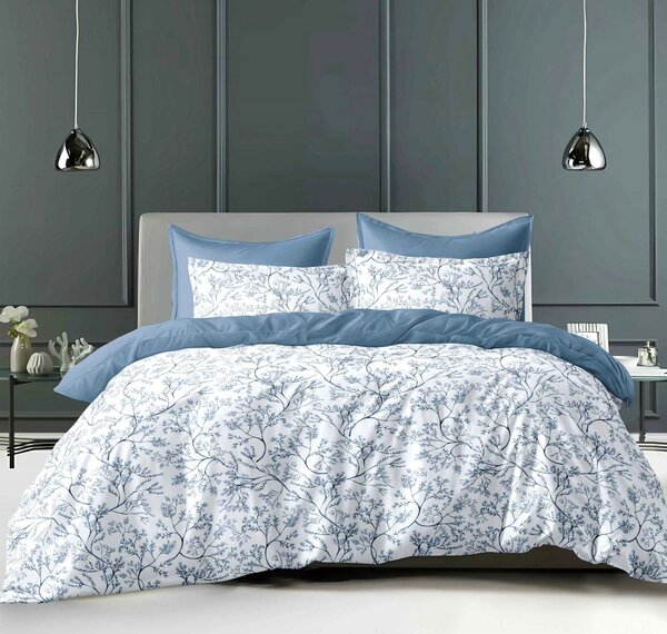 Bavlněné povlečení 140×200/70×90 – elegantní modro-bílé povlečení s botanickým motivem, zapínání na knoflíky