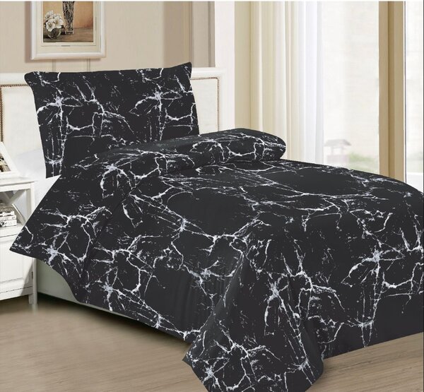 Bavlněné povlečení 140×200 + 70×90 – černé mramorové, moderní ložní prádlo, zapínání na zip