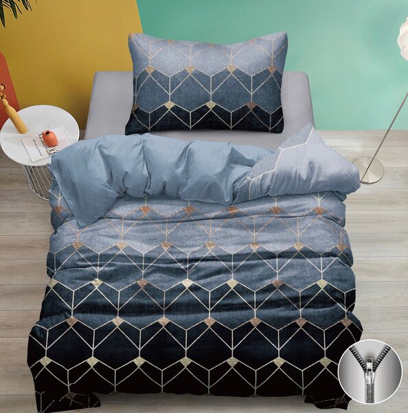 Bavlněné povlečení 140×200 + 70×90 – modré geometrické, moderní ombré vzor, zip