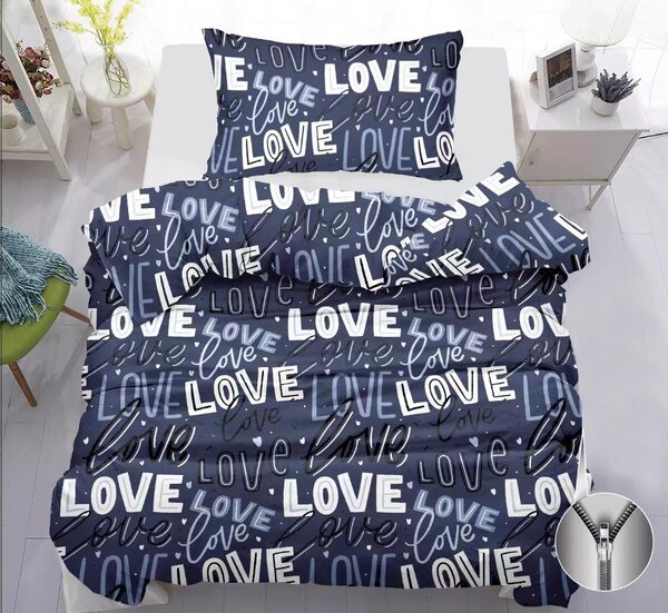 Povlečení 2dílné 140×200 + 70×90 – tmavě modré LOVE graffiti, moderní styl, se zipem