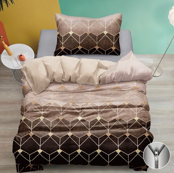 Bavlněné povlečení 140×200 + 70×90 – hnědé geometrické, moderní vzor, zip