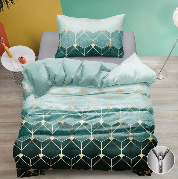 Bavlněné povlečení 140×200 + 70×90 – zelené geometrické, moderní design, zip