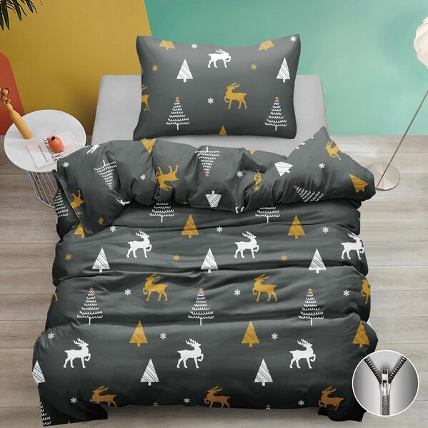 Bavlněné povlečení 140×200 + 70×90 – šedé s vánočním motivem sobů a stromků, zimní design, zip