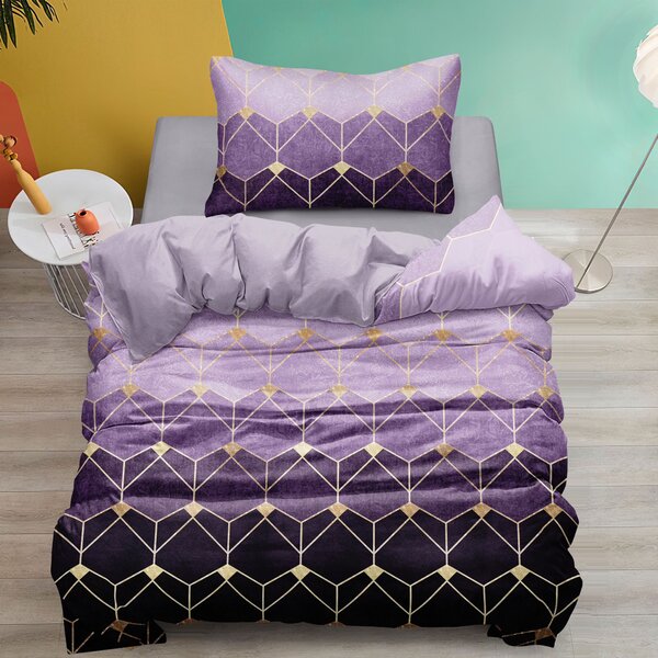 Bavlněné povlečení 140×200 + 70×90 – fialové ombré, geometrický vzor, moderní design, zip