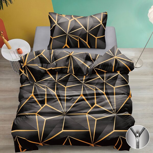 Bavlněné povlečení 140×200 + 70×90 – černé, geometrický zlatý vzor, moderní luxusní styl, zip