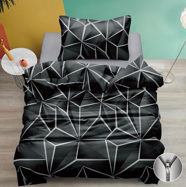 Bavlněné povlečení 140×200 + 70×90 – černé se stříbrným geometrickým vzorem, moderní styl, zip
