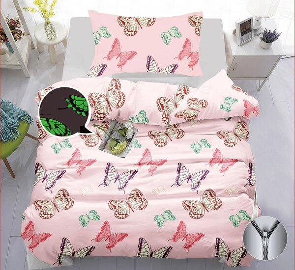 Luxusní bavlněné povlečení – Pink Butterfly svítící ve tmě | Růžové motýly, prodyšná bavlna, ZIP – 140x200 cm